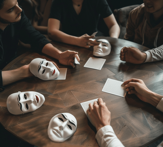 люди за столом играют в настольную мафию впятером